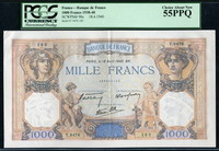 프랑스 France 1938-1940, 1000 Francs, P90c, PCGS 55 PPQ 준미사용